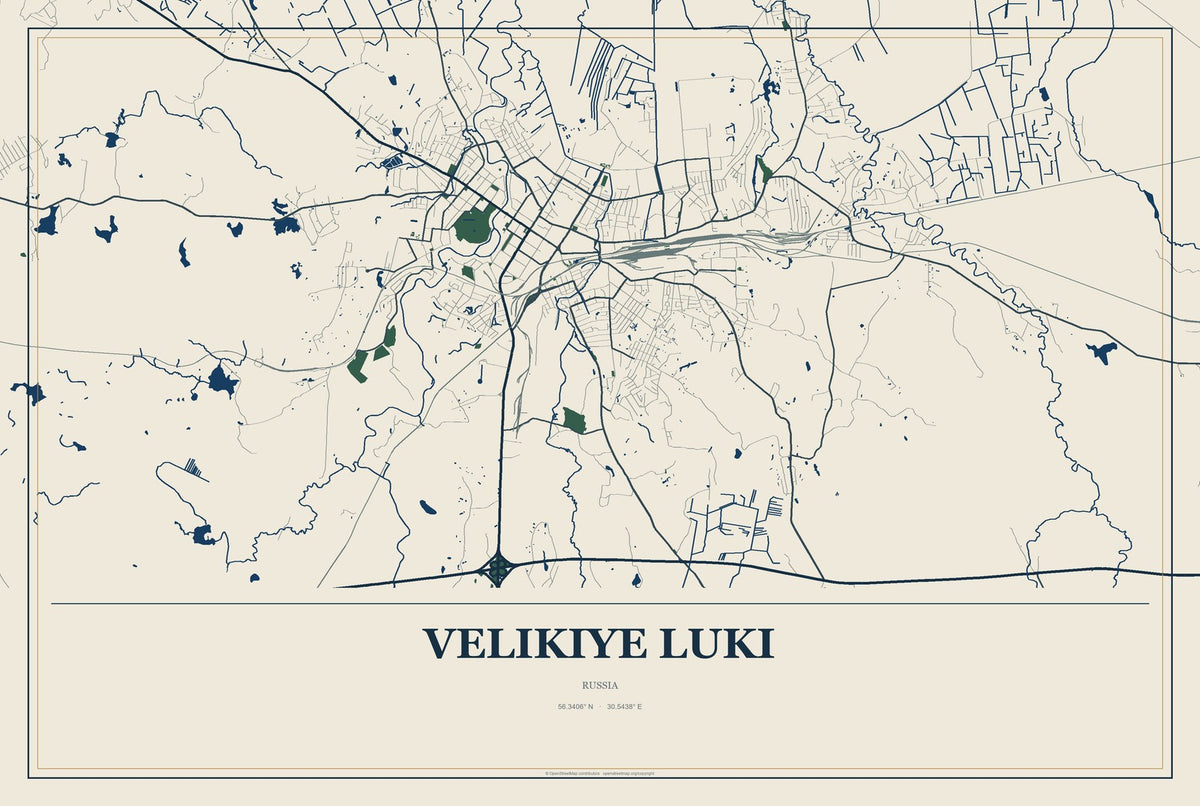 Velikiye Luki, Russia City Map Aluminum Sign in Coastal Cutout style