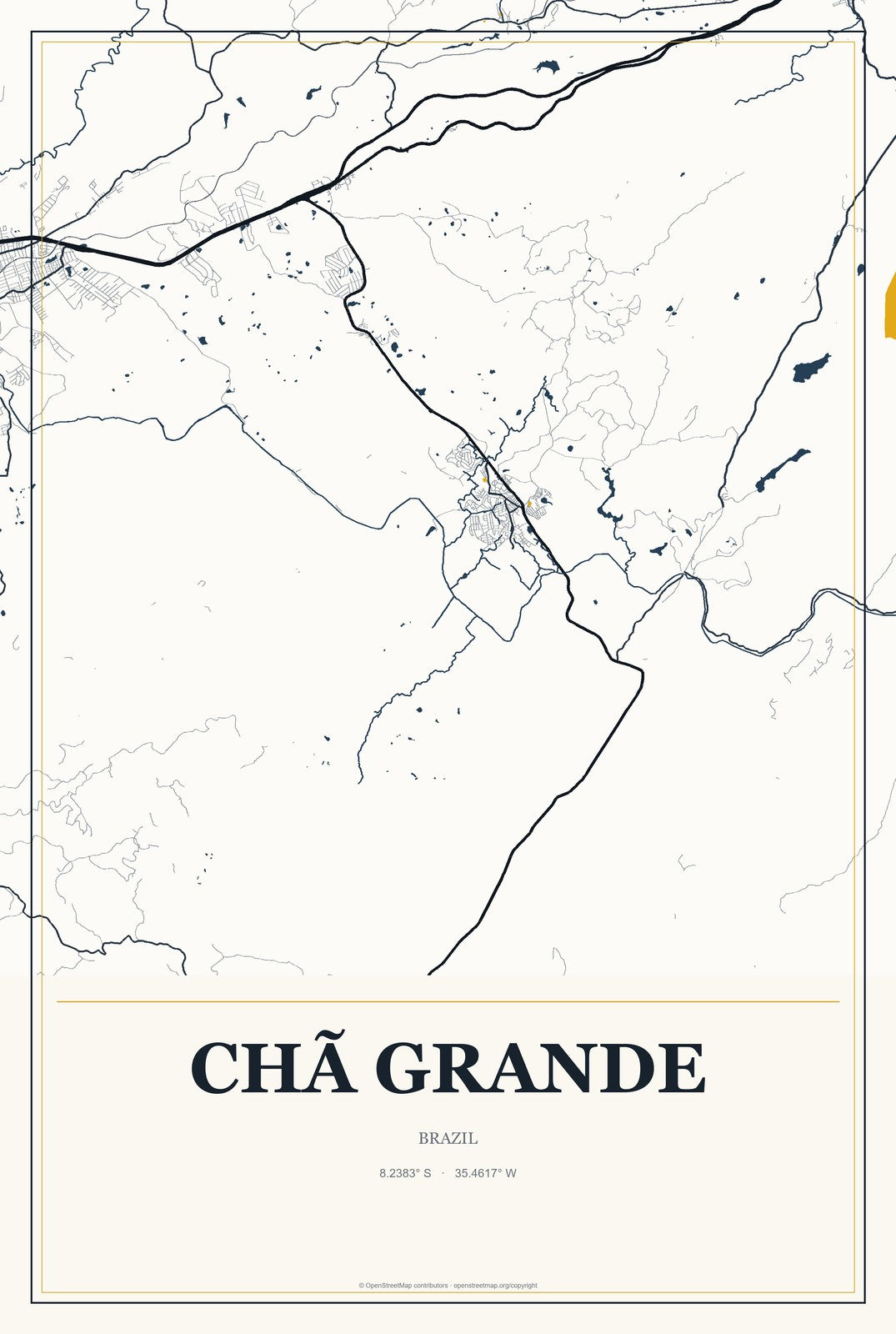 Chã Grande, Brazil City Map Aluminum Sign in Citrine Modern style