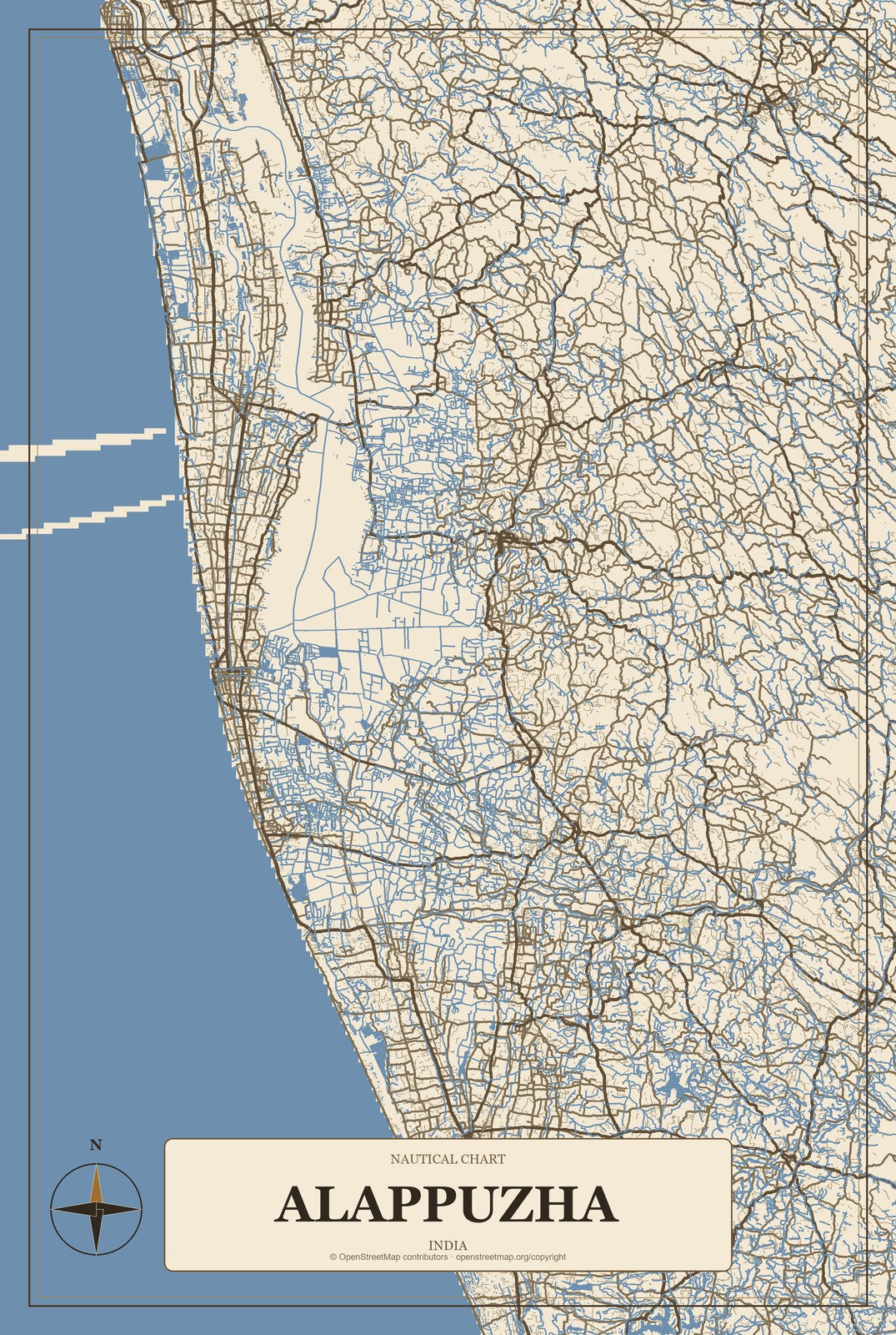 Alappuzha, India City Map Aluminum Sign in Heritage Nautical style