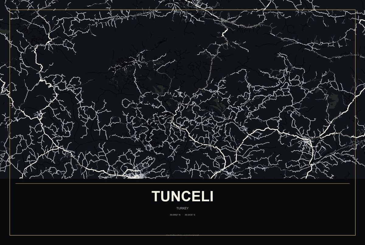 Tunceli, Turkey City Map Aluminum Sign in Metropolitan Noir style