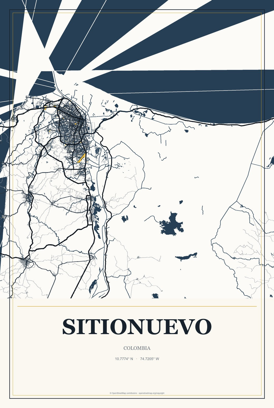Sitionuevo, Colombia City Map Aluminum Sign in Citrine Modern style