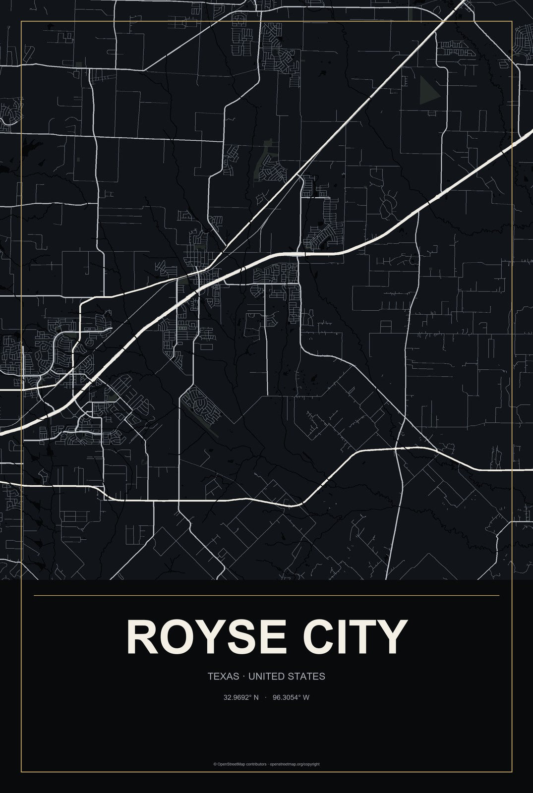Royse City, Texas City Map Aluminum Sign in Metropolitan Noir style