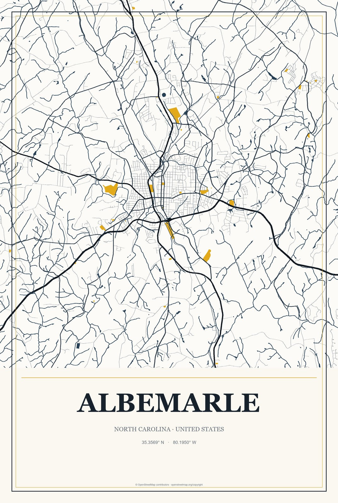 Albemarle, North Carolina City Map Aluminum Sign in Citrine Modern style