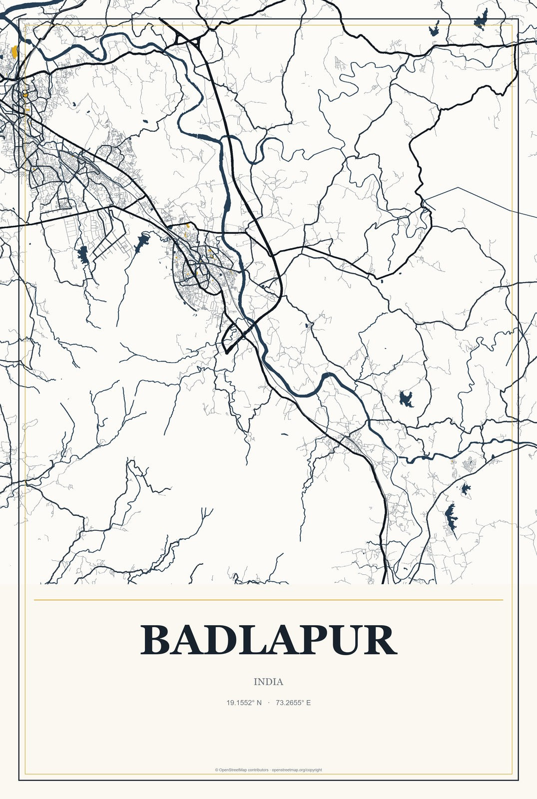 Badlapur, India City Map Aluminum Sign in Citrine Modern style