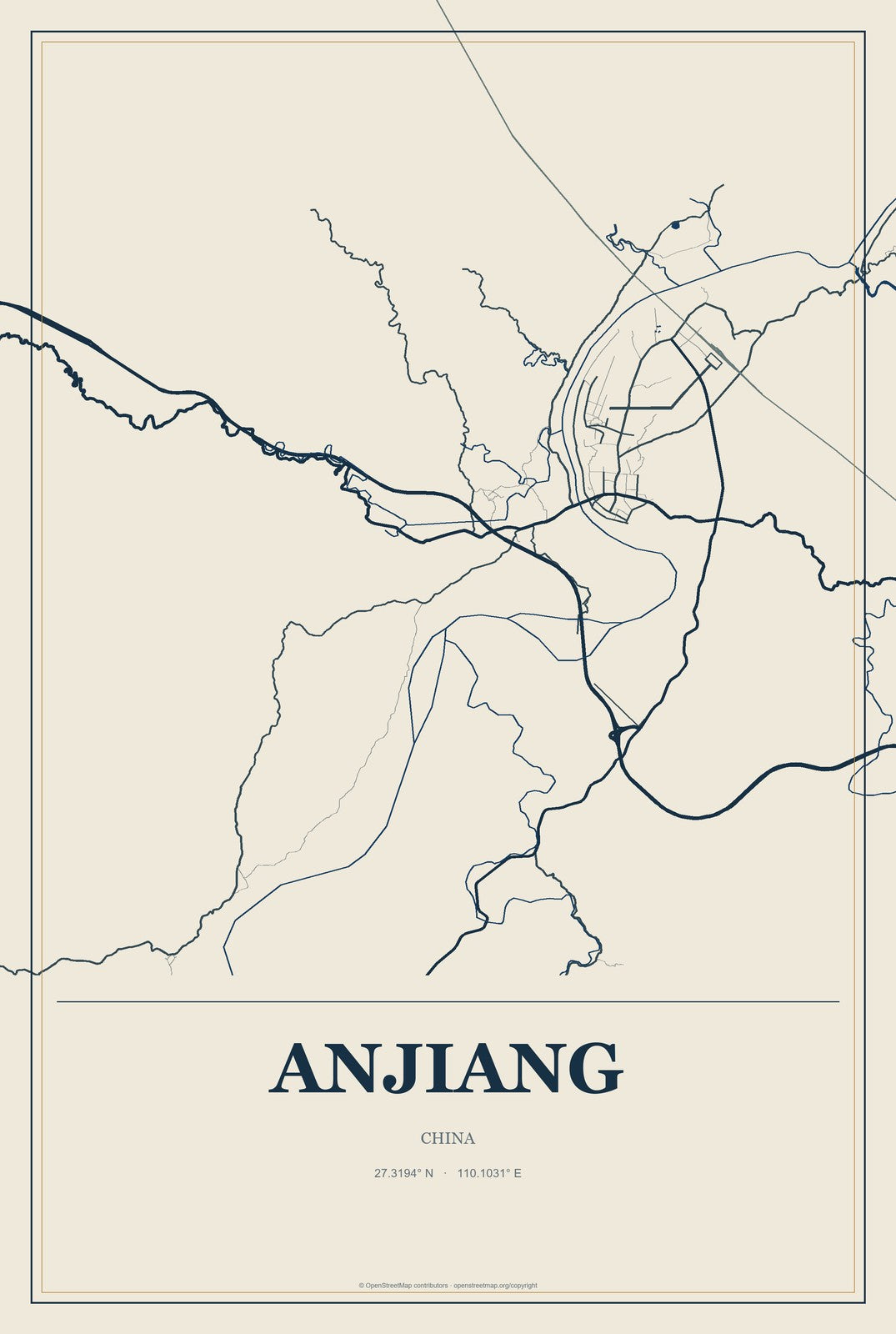 Anjiang, China City Map Aluminum Sign in Coastal Cutout style