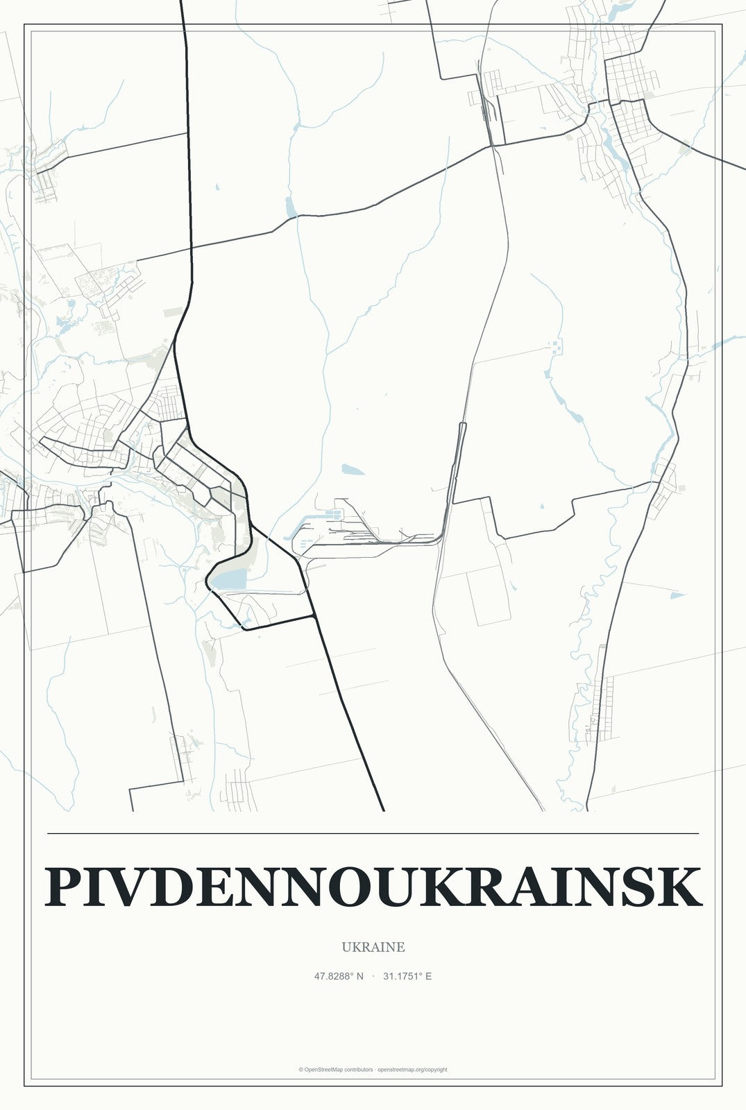 Pivdennoukrainsk, Ukraine City Map Aluminum Sign in Gallery Air style