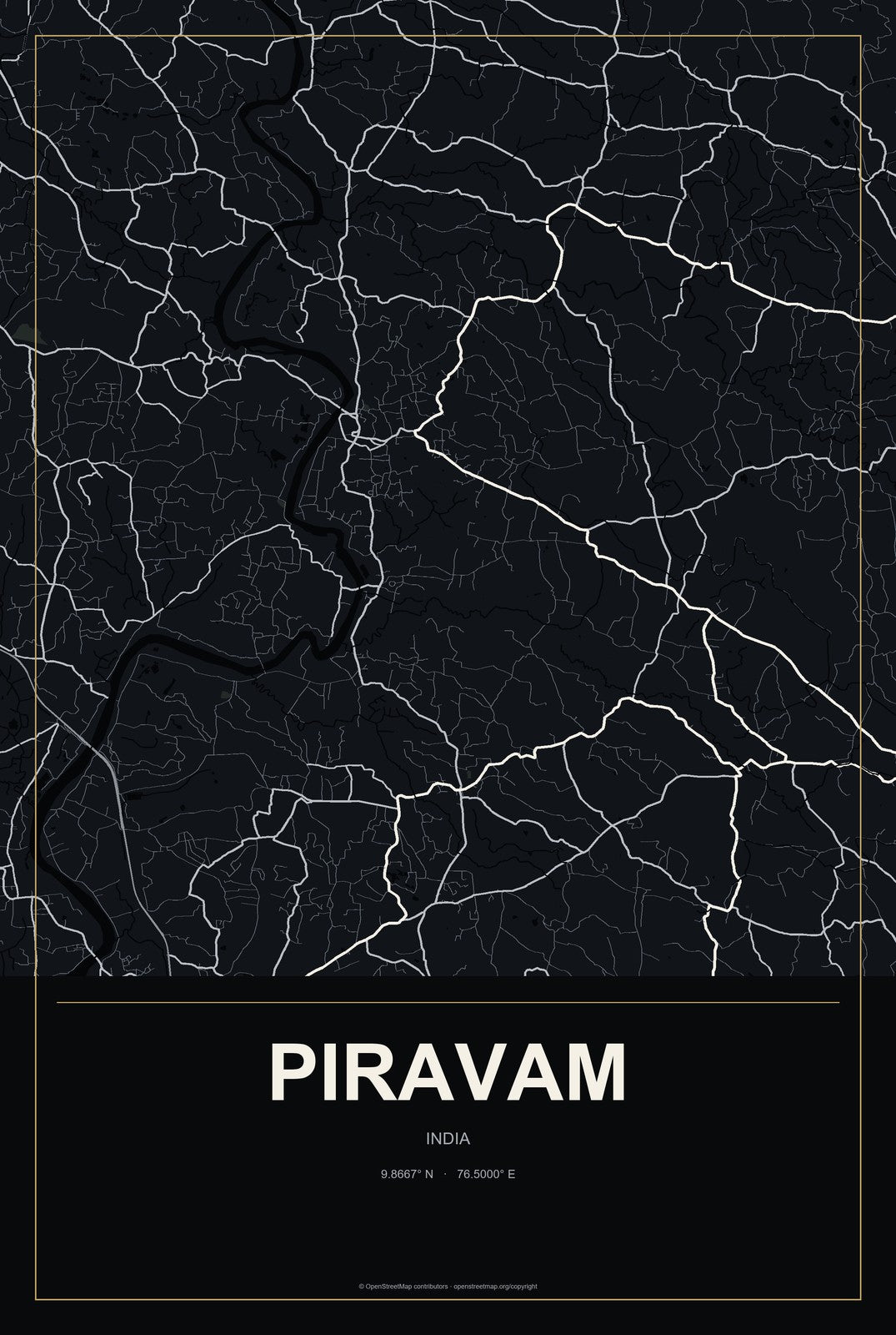 Piravam, India City Map Aluminum Sign in Metropolitan Noir style