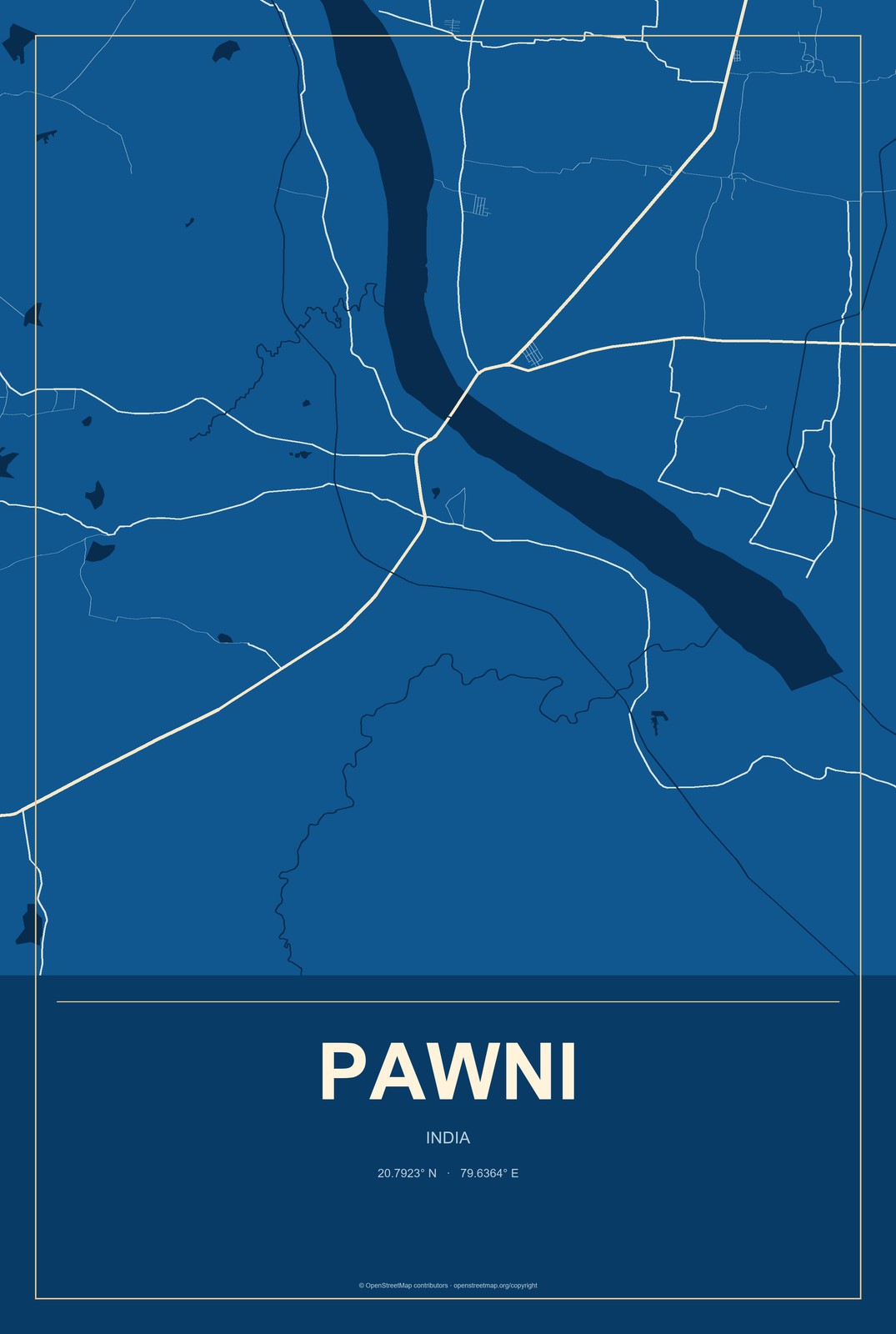 Pawni, India City Map Aluminum Sign in Harbor Cobalt style