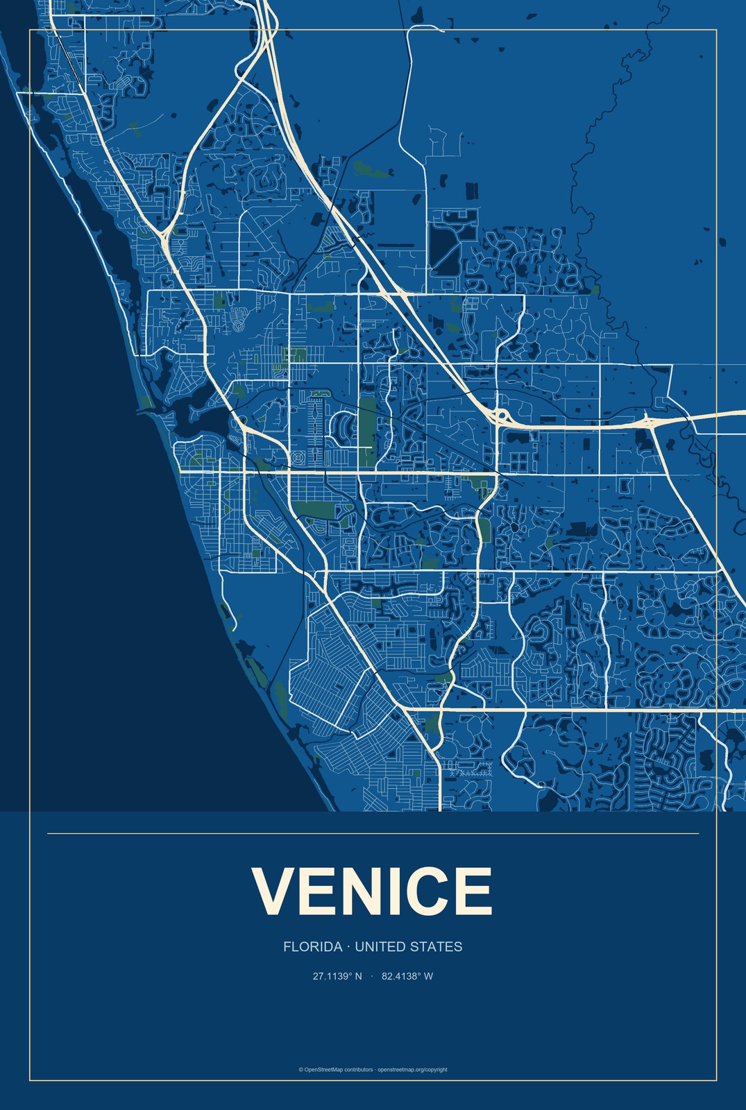 Venice, Florida City Map Aluminum Sign in Harbor Cobalt style