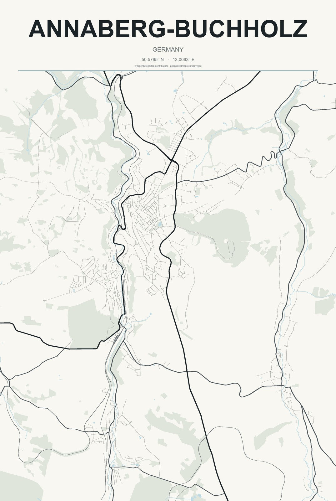 Annaberg-Buchholz, Germany City Map Aluminum Sign in Headline Atlas style