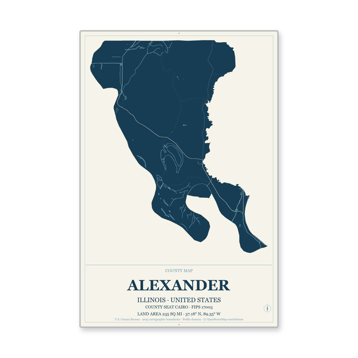 Alexander County, Illinois Map Aluminum Sign in Coastal Cutout style