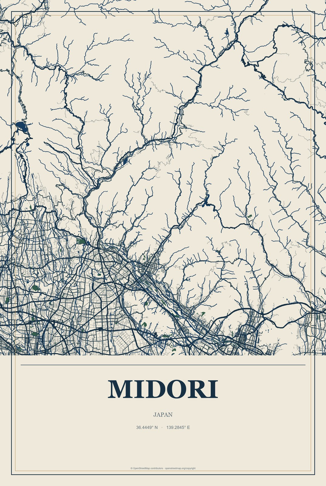 Midori, Japan City Map Aluminum Sign in Coastal Cutout style