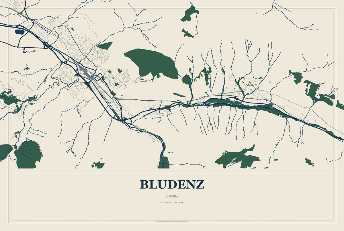 Bludenz, Austria City Map Aluminum Sign in Coastal Cutout style