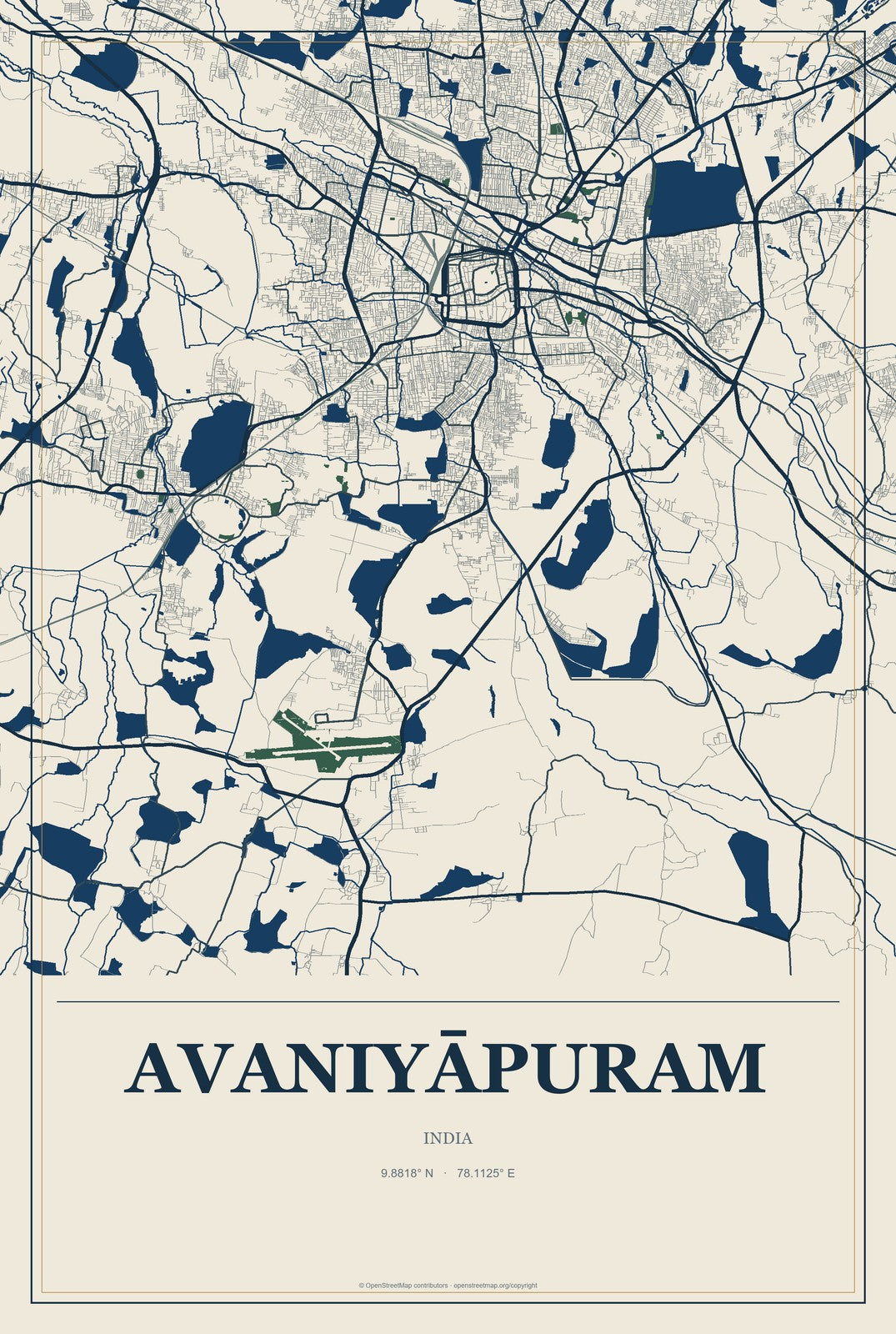 Avaniyāpuram, India City Map Aluminum Sign in Coastal Cutout style