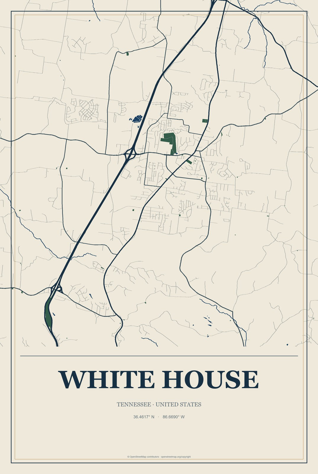 White House, Tennessee City Map Aluminum Sign in Coastal Cutout style