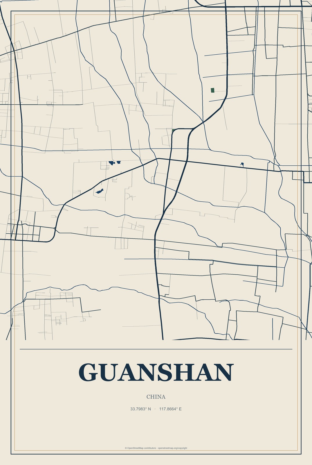 Guanshan, China City Map Aluminum Sign in Coastal Cutout style