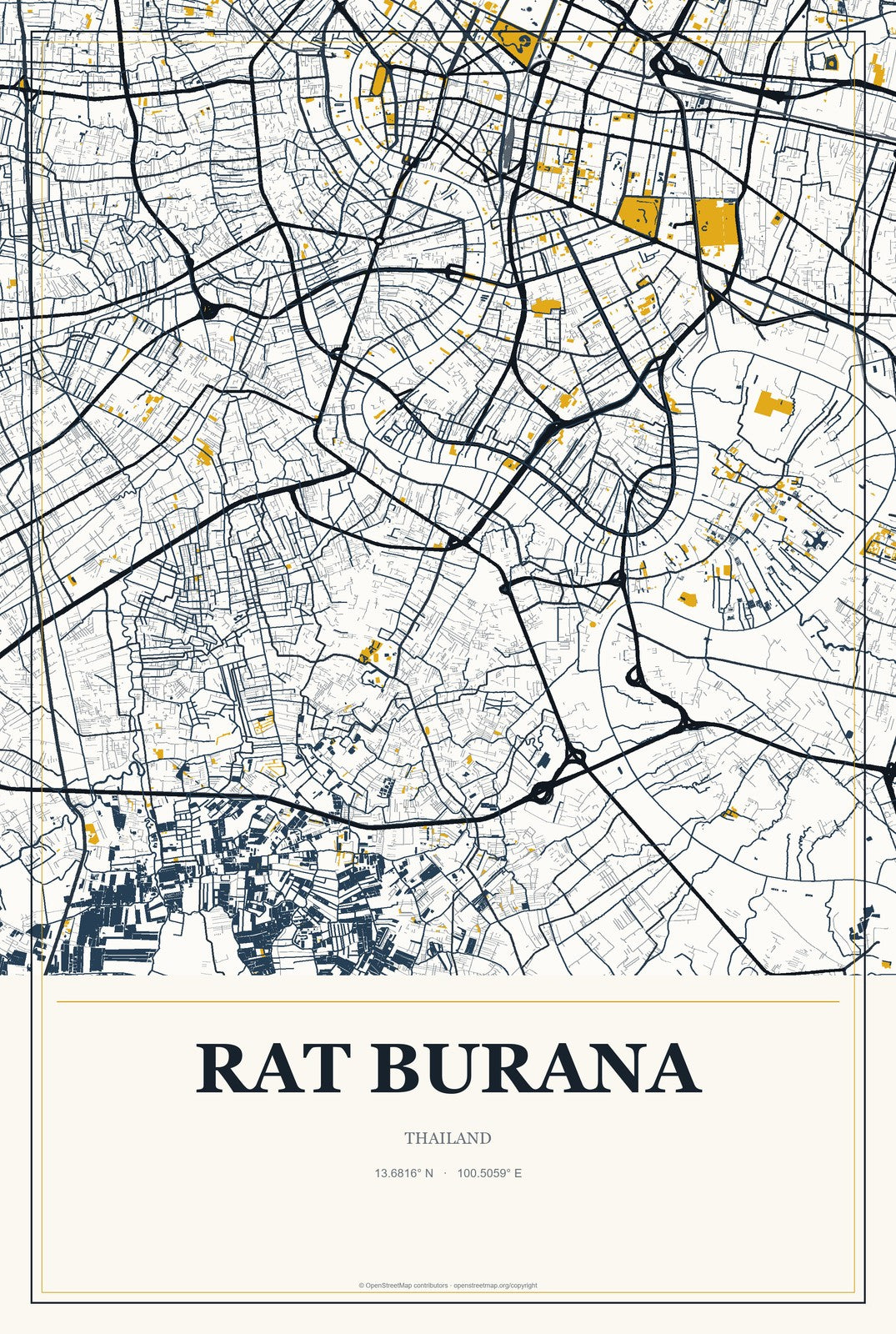 Rat Burana, Thailand City Map Aluminum Sign in Citrine Modern style