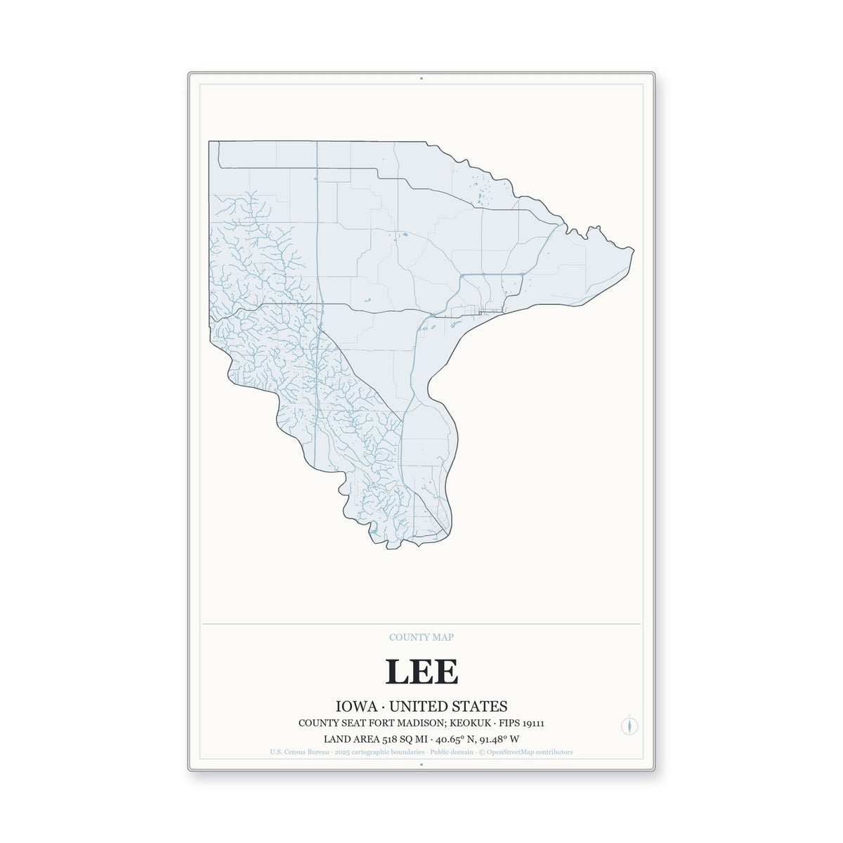 Lee County, Iowa Map Aluminum Sign in Gallery Air style