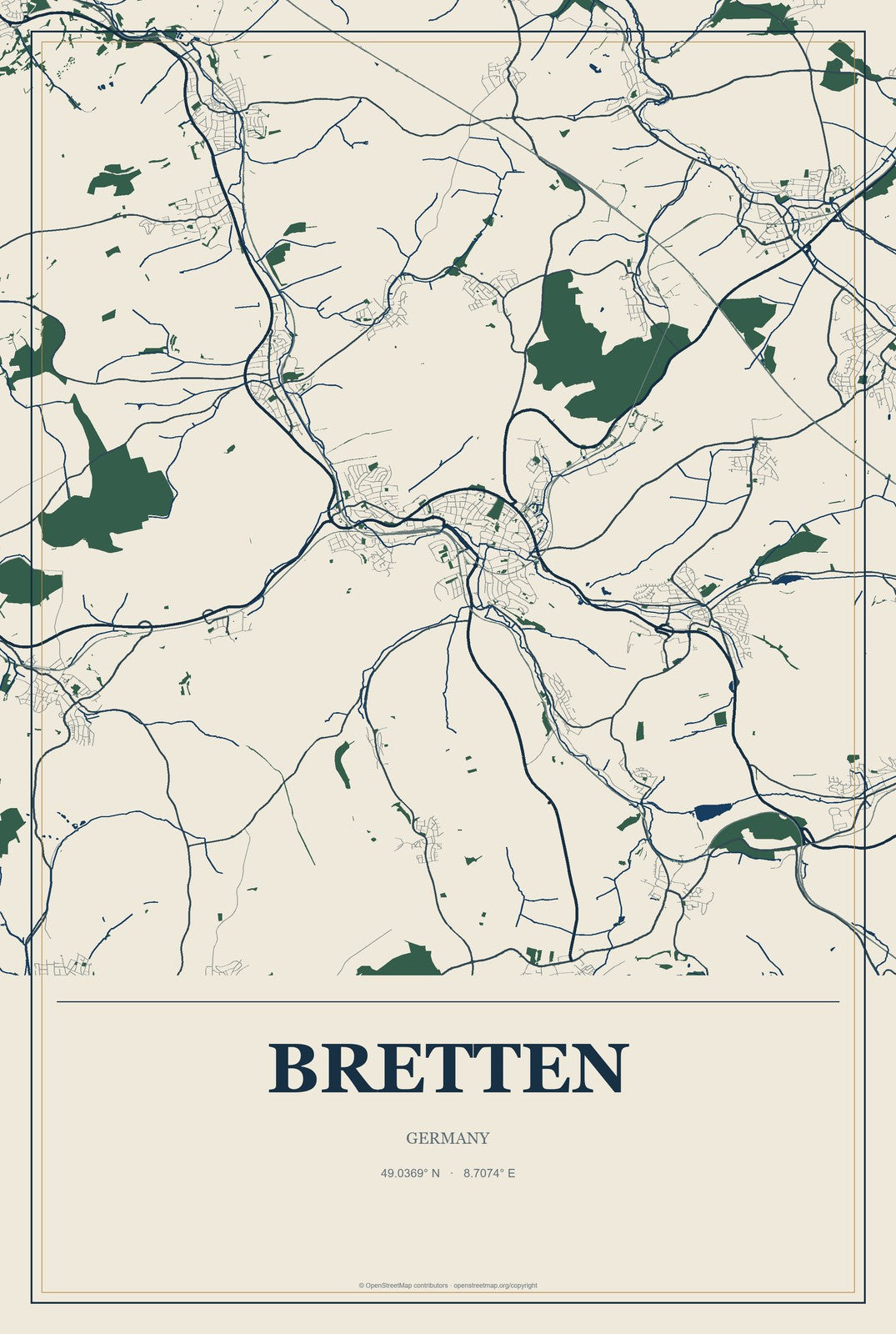 Bretten, Germany City Map Aluminum Sign in Coastal Cutout style