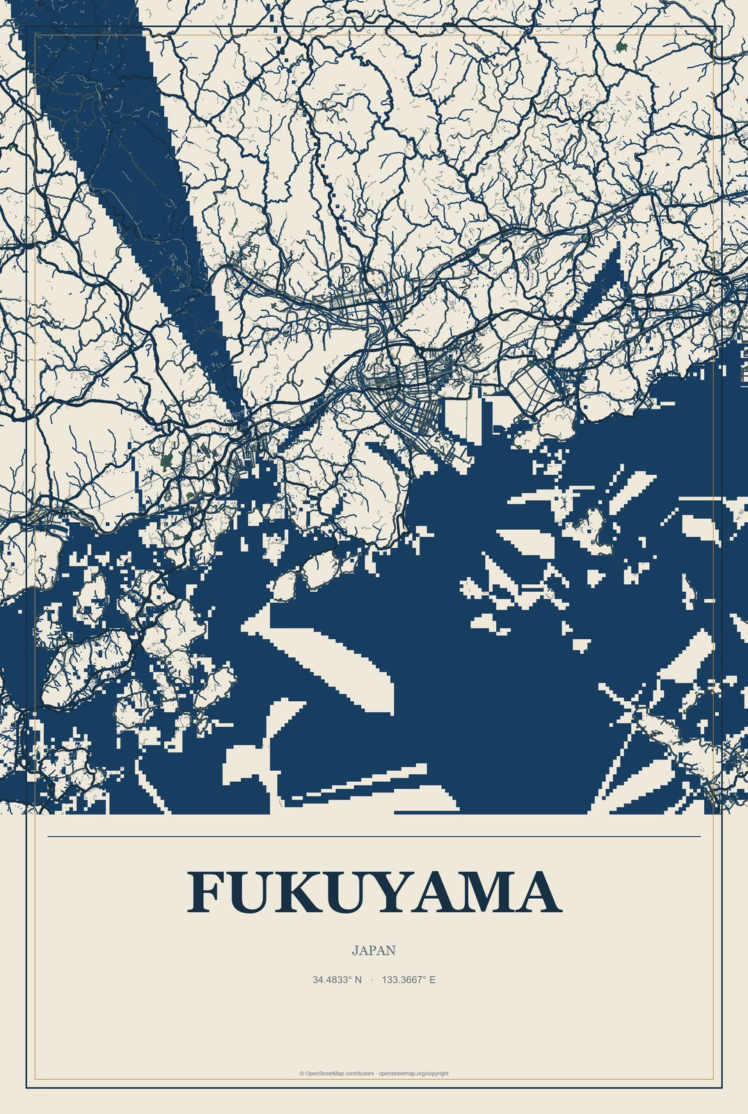 Fukuyama, Japan City Map Aluminum Sign in Coastal Cutout style