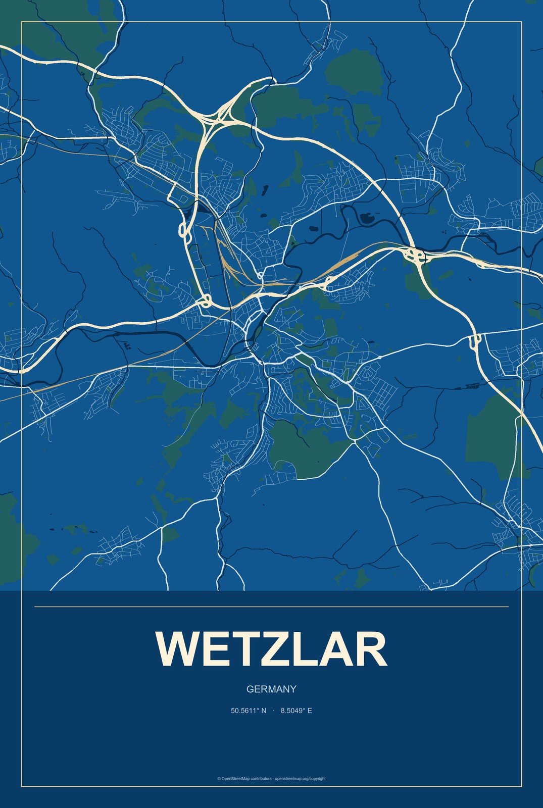 Wetzlar, Germany City Map Aluminum Sign in Harbor Cobalt style