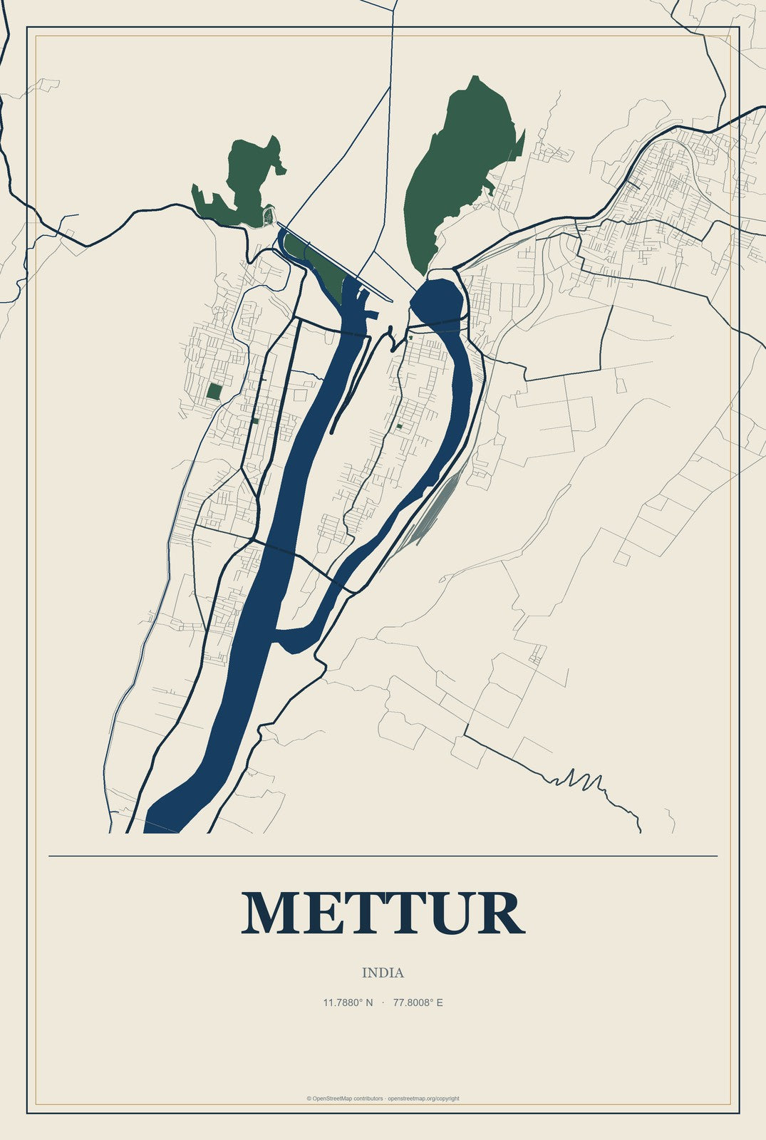 Mettur, India City Map Aluminum Sign in Coastal Cutout style