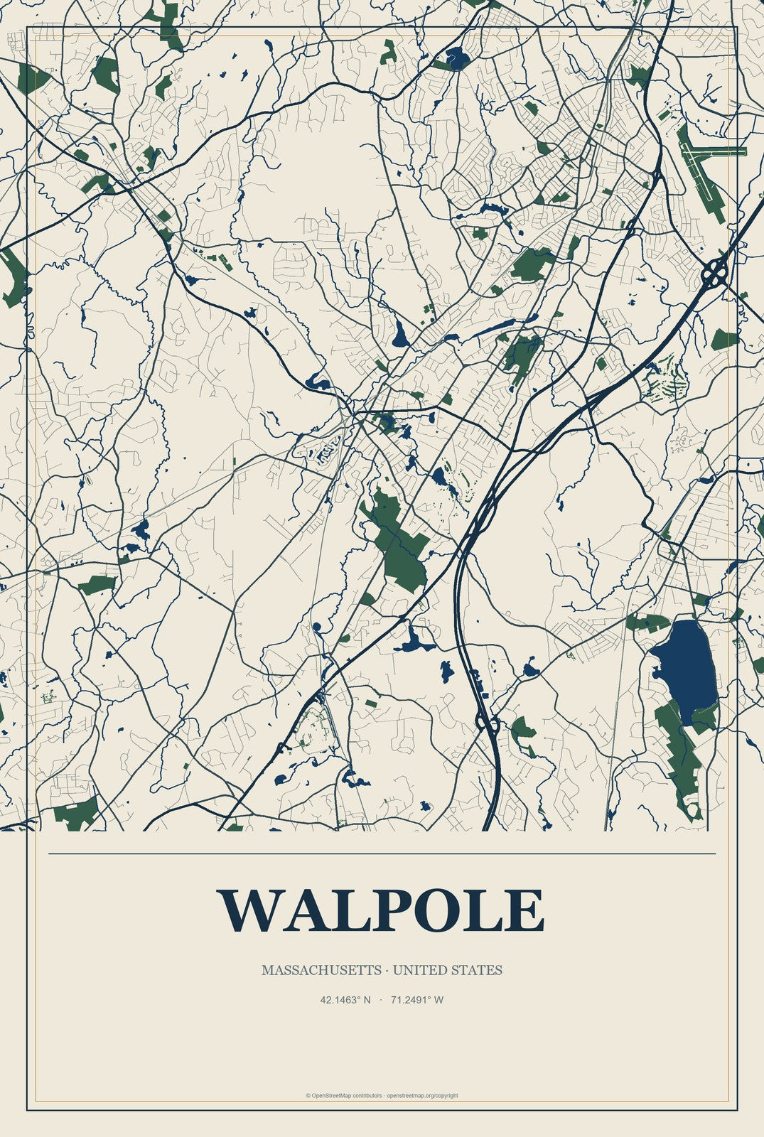 Walpole, Massachusetts City Map Aluminum Sign in Coastal Cutout style