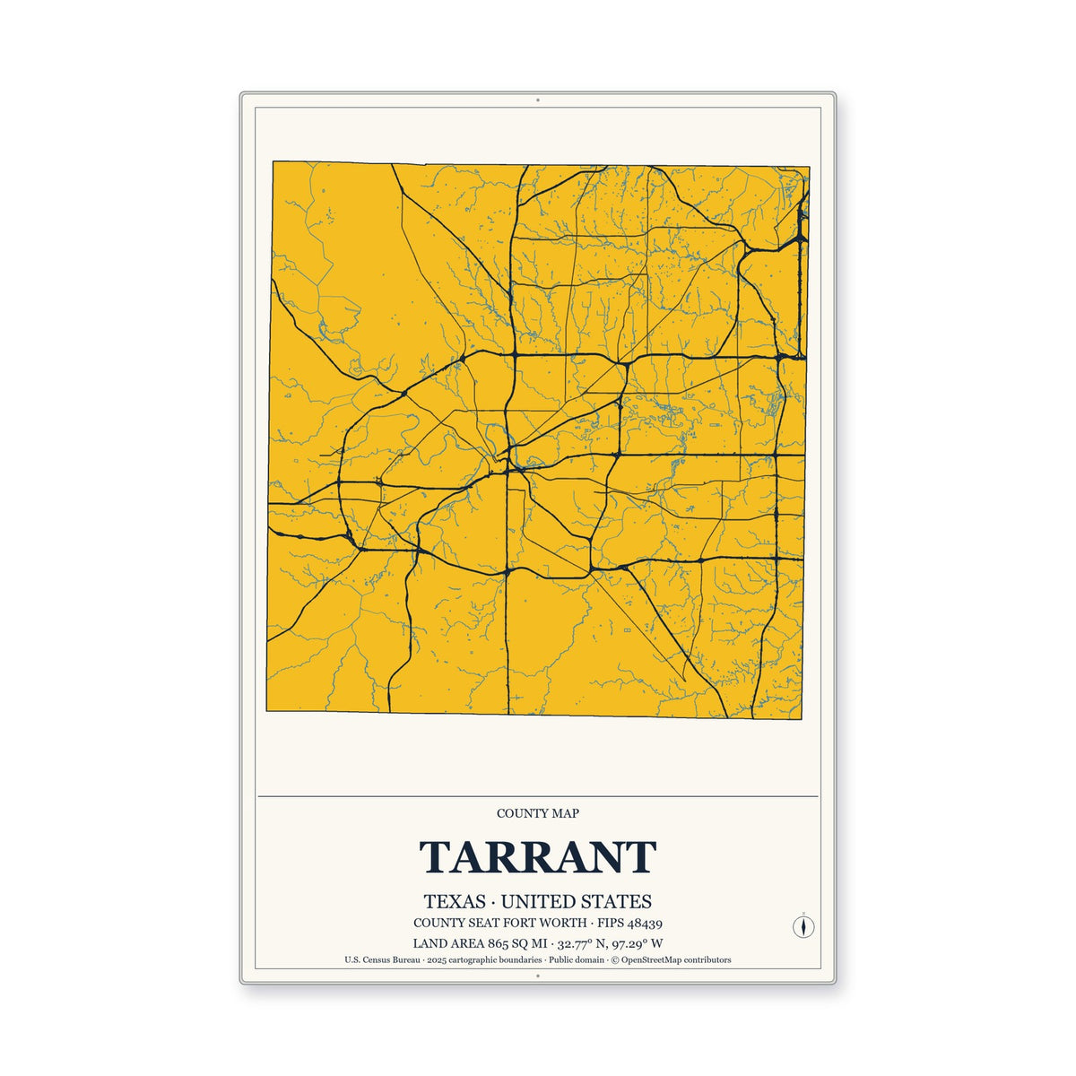 Tarrant County, Texas Map Aluminum Sign in Citrine Modern style