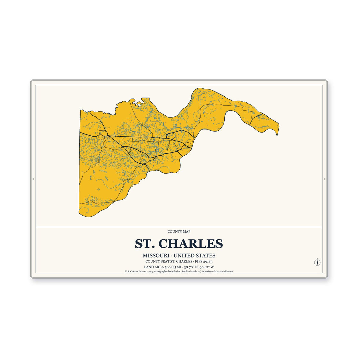 St. Charles County, Missouri Map Aluminum Sign in Citrine Modern style