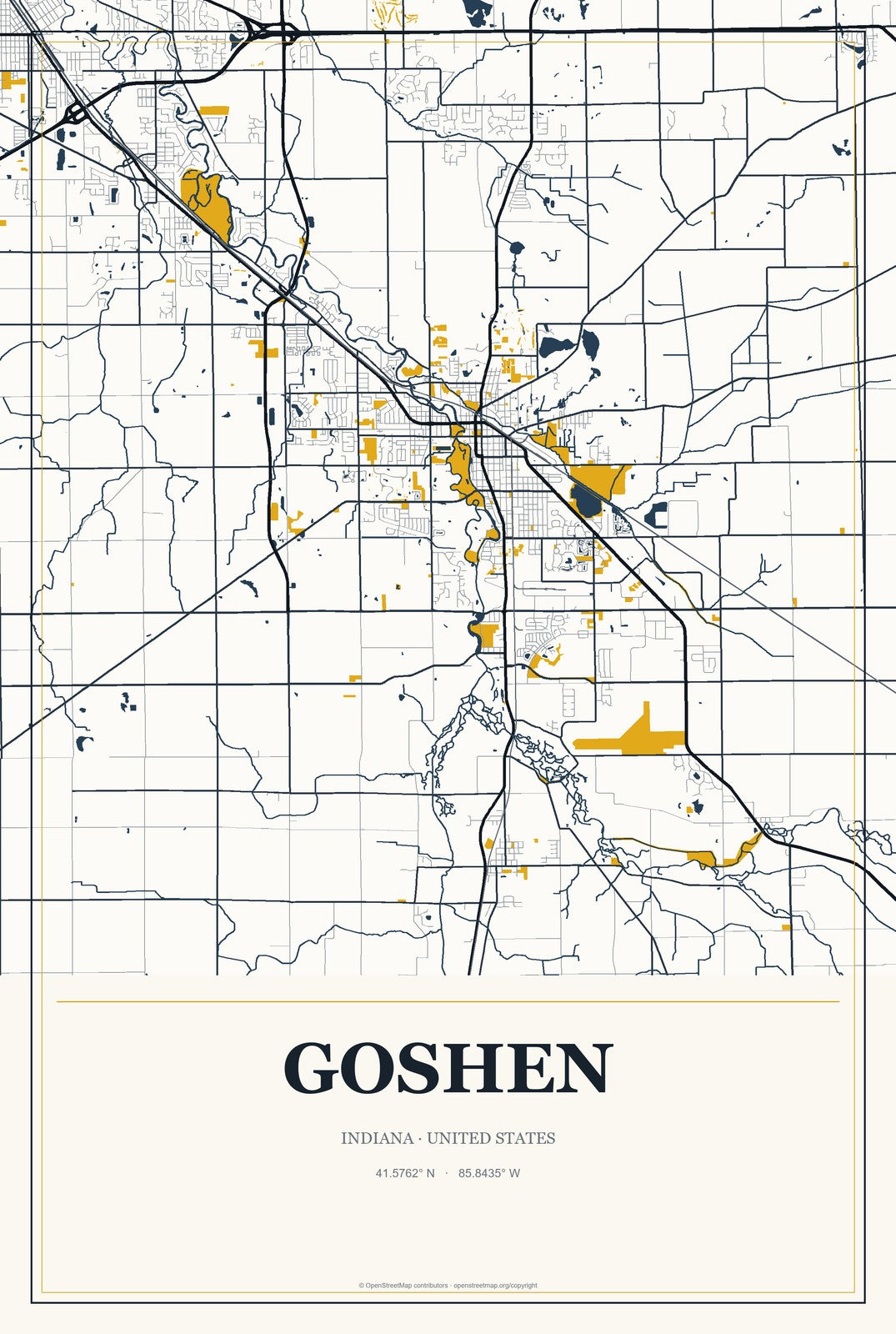 Goshen, Indiana City Map Aluminum Sign in Citrine Modern style