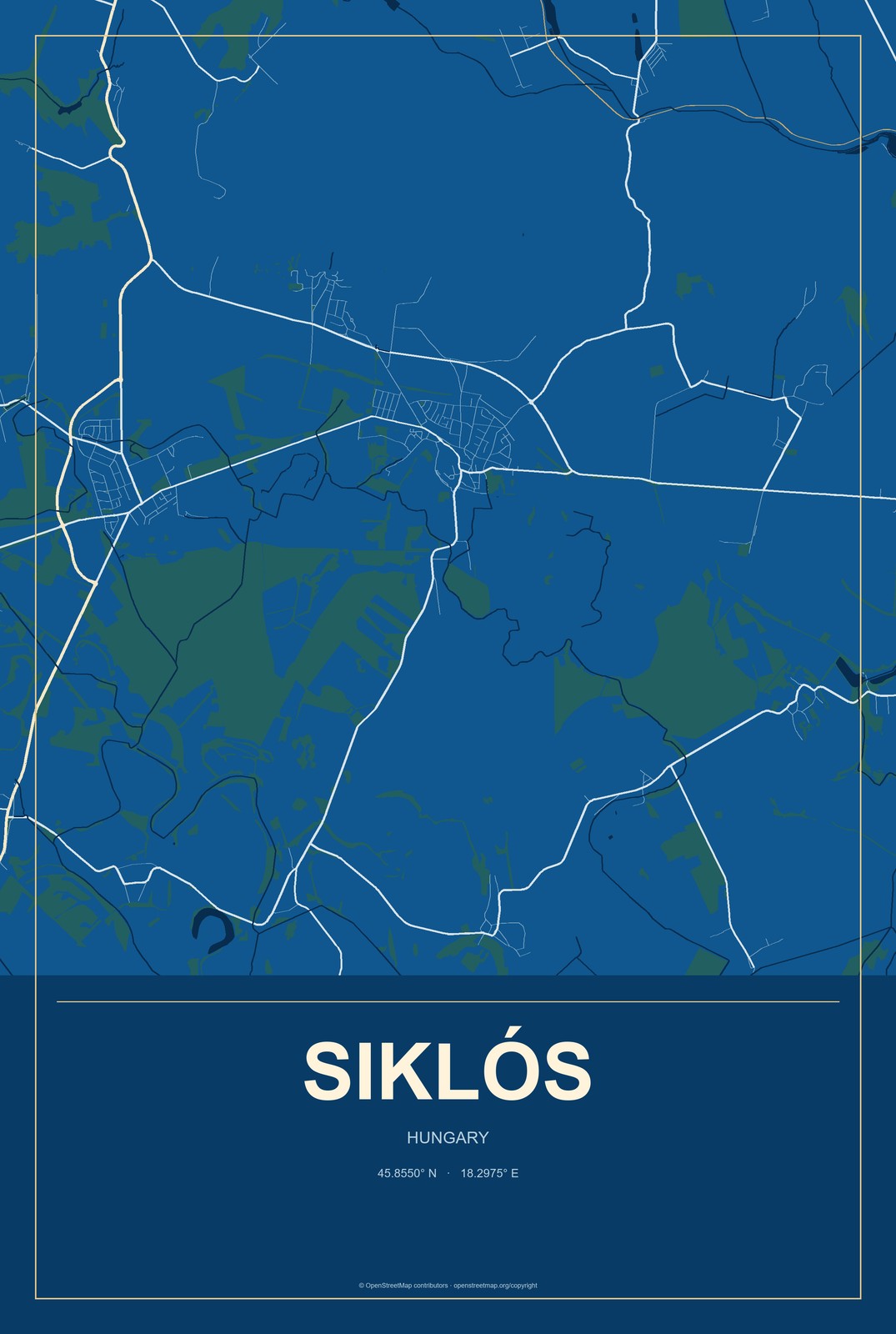 Siklós, Hungary City Map Aluminum Sign in Harbor Cobalt style