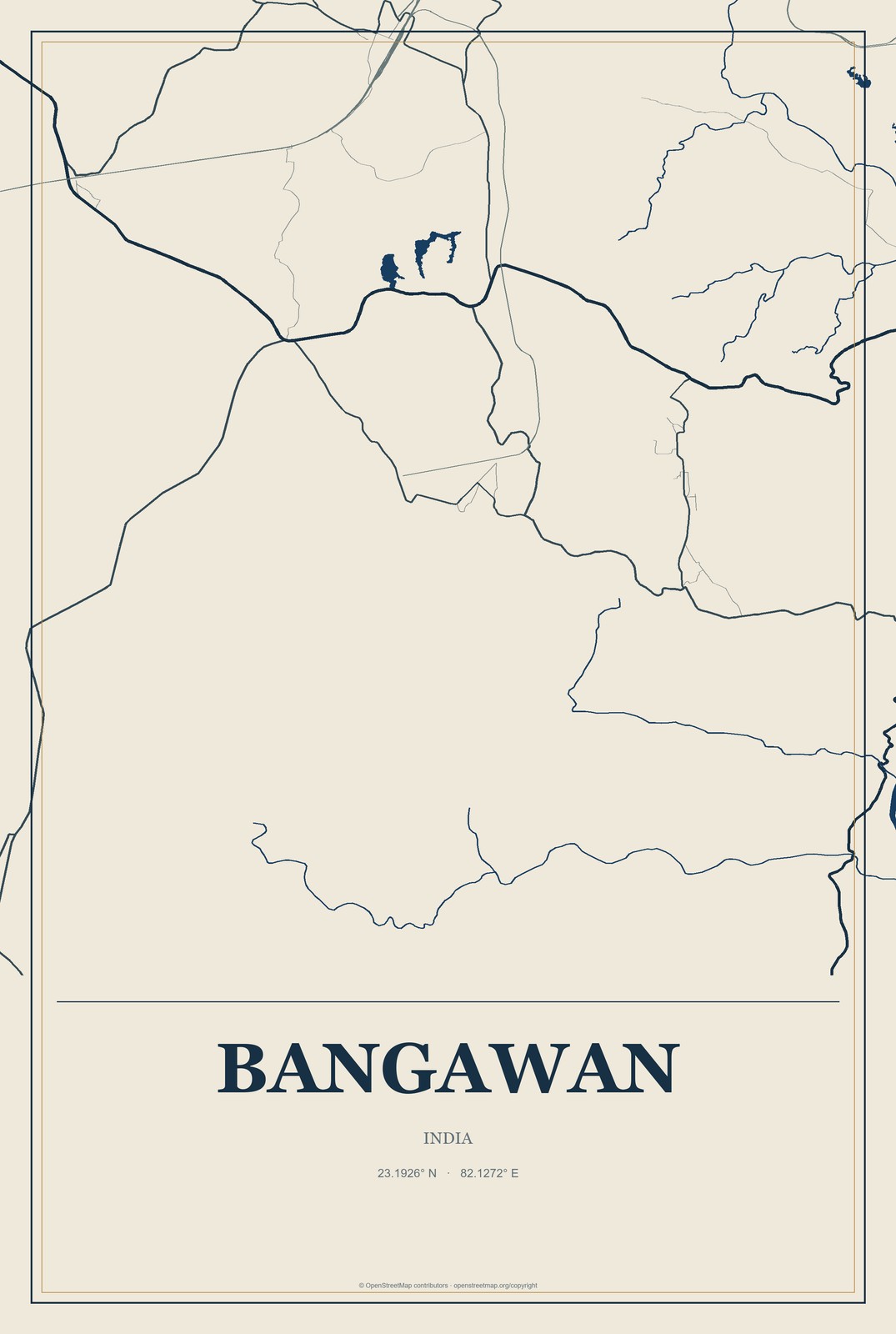 Bangawan, India City Map Aluminum Sign in Coastal Cutout style