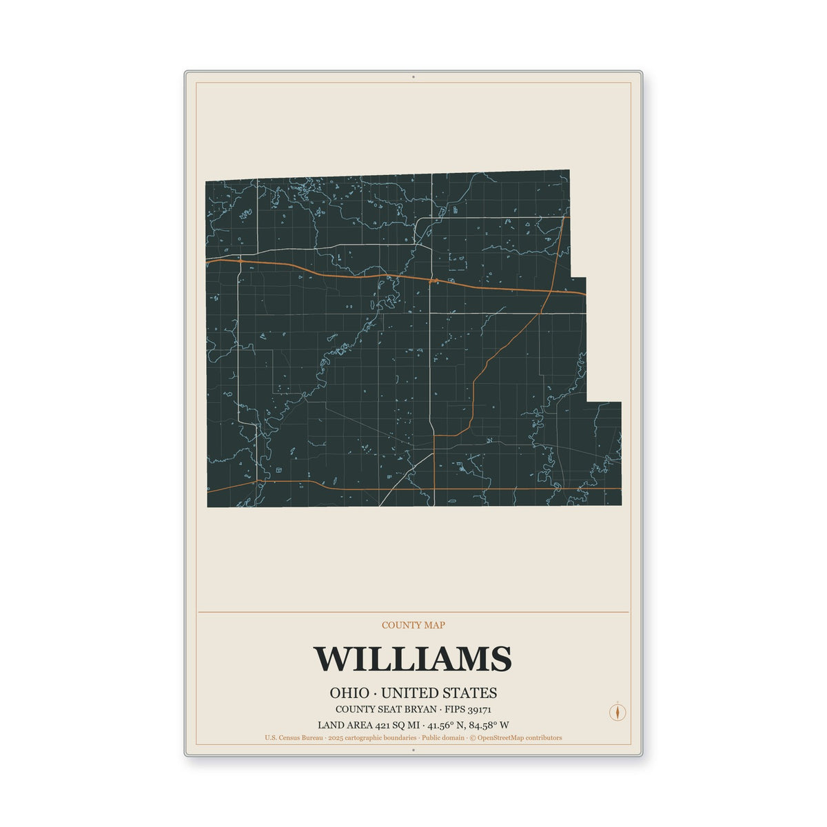 Williams County, Ohio Map Aluminum Sign in Headline Atlas style