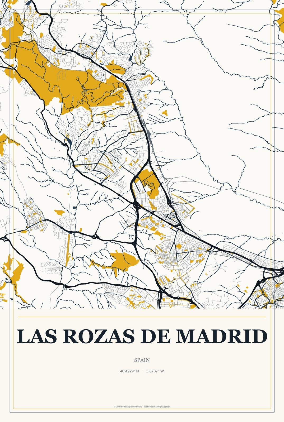 Las Rozas de Madrid, Spain City Map Aluminum Sign in Citrine Modern style