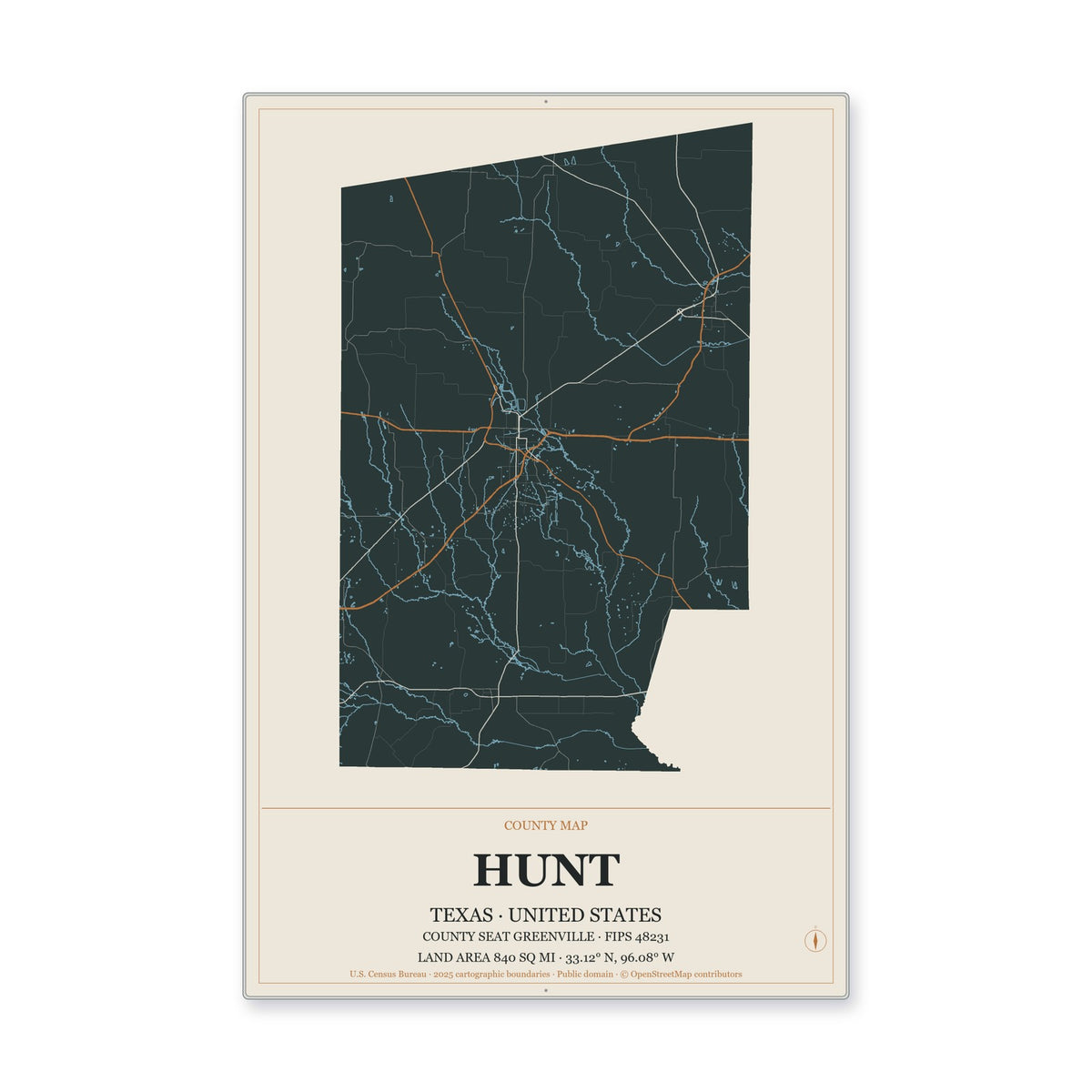Hunt County, Texas Map Aluminum Sign in Headline Atlas style