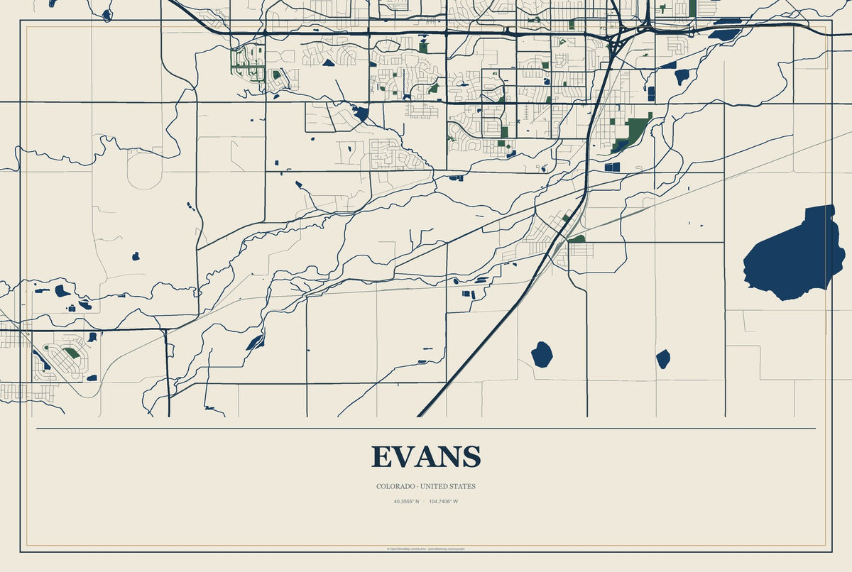 Evans, Colorado City Map Aluminum Sign in Coastal Cutout style