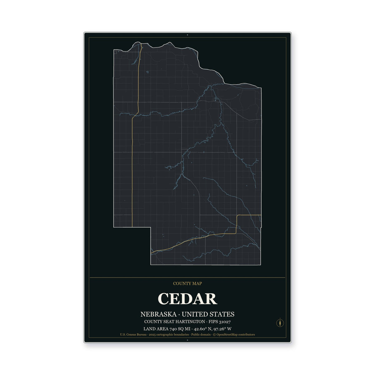 Cedar County, Nebraska Map Aluminum Sign in Metropolitan Noir style