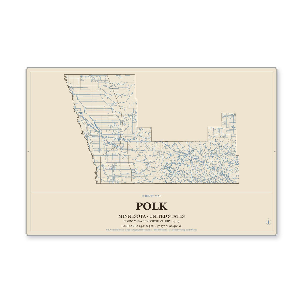 Polk County, Minnesota Map Aluminum Sign in Heritage Nautical style