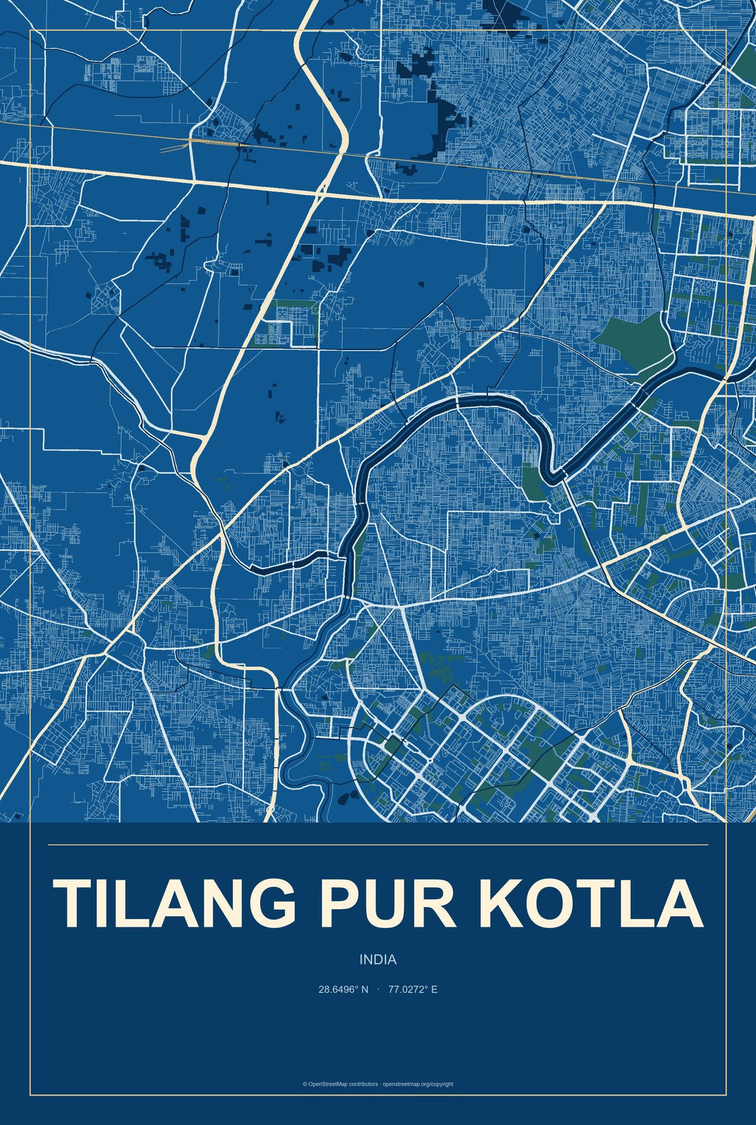 Tilang Pur Kotla, India City Map Aluminum Sign in Harbor Cobalt style