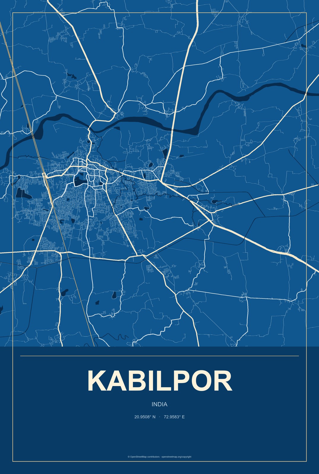 Kabilpor, India City Map Aluminum Sign in Harbor Cobalt style