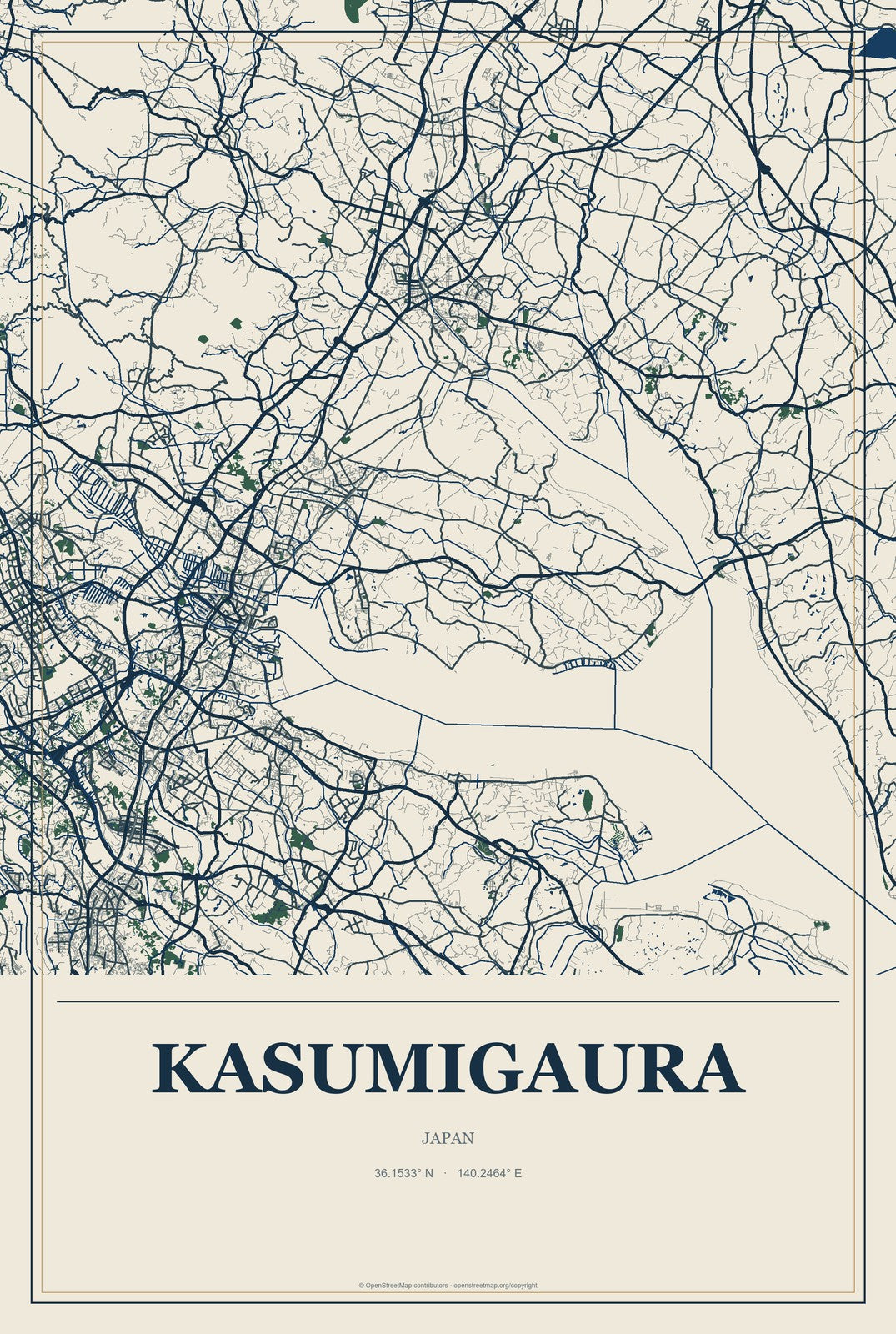 Kasumigaura, Japan City Map Aluminum Sign in Coastal Cutout style