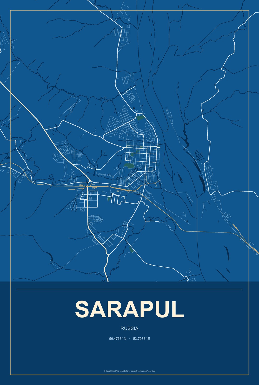 Sarapul, Russia City Map Aluminum Sign in Harbor Cobalt style