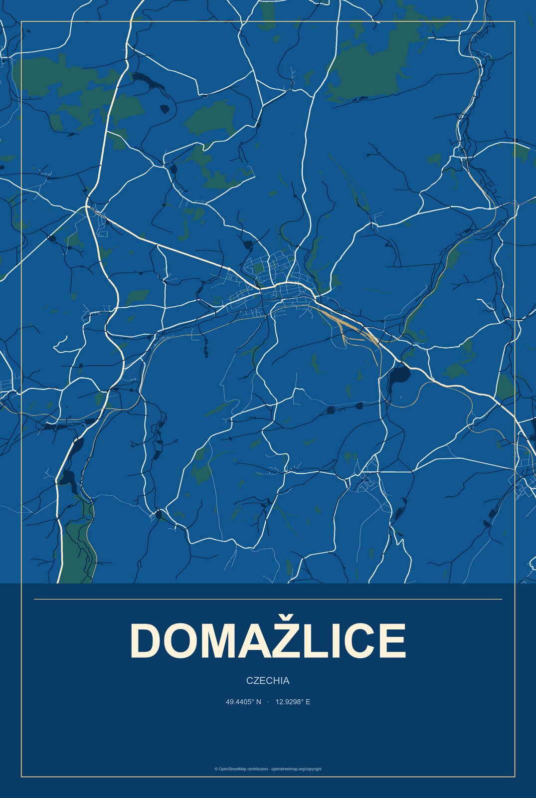 Domažlice, Czechia City Map Aluminum Sign in Harbor Cobalt style