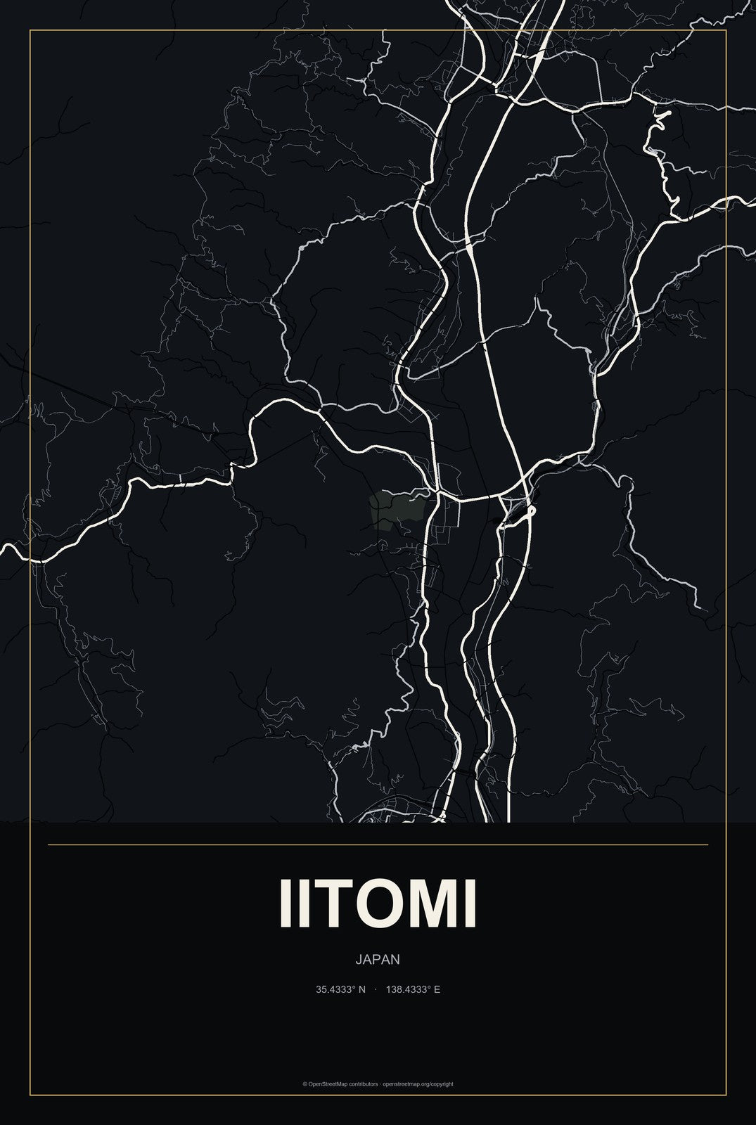 Iitomi, Japan City Map Aluminum Sign in Metropolitan Noir style