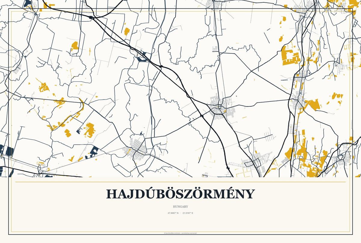 Hajdúböszörmény, Hungary City Map Aluminum Sign in Citrine Modern style