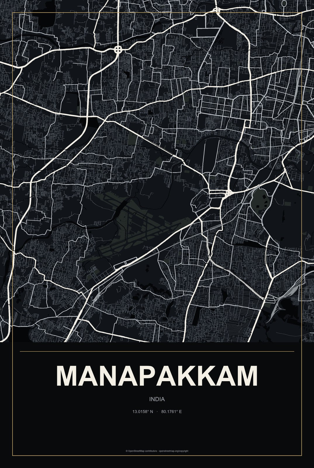 Manapakkam, India City Map Aluminum Sign in Metropolitan Noir style