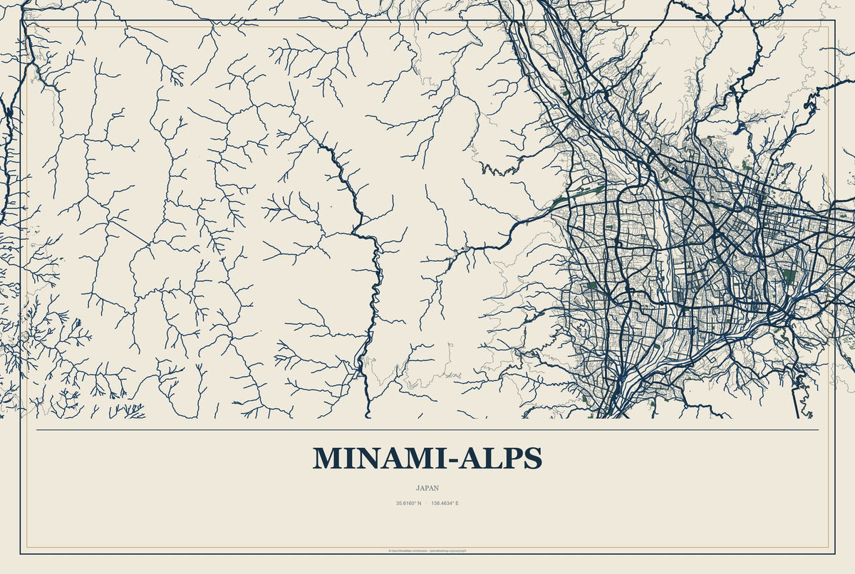 Minami-Alps, Japan City Map Aluminum Sign in Coastal Cutout style