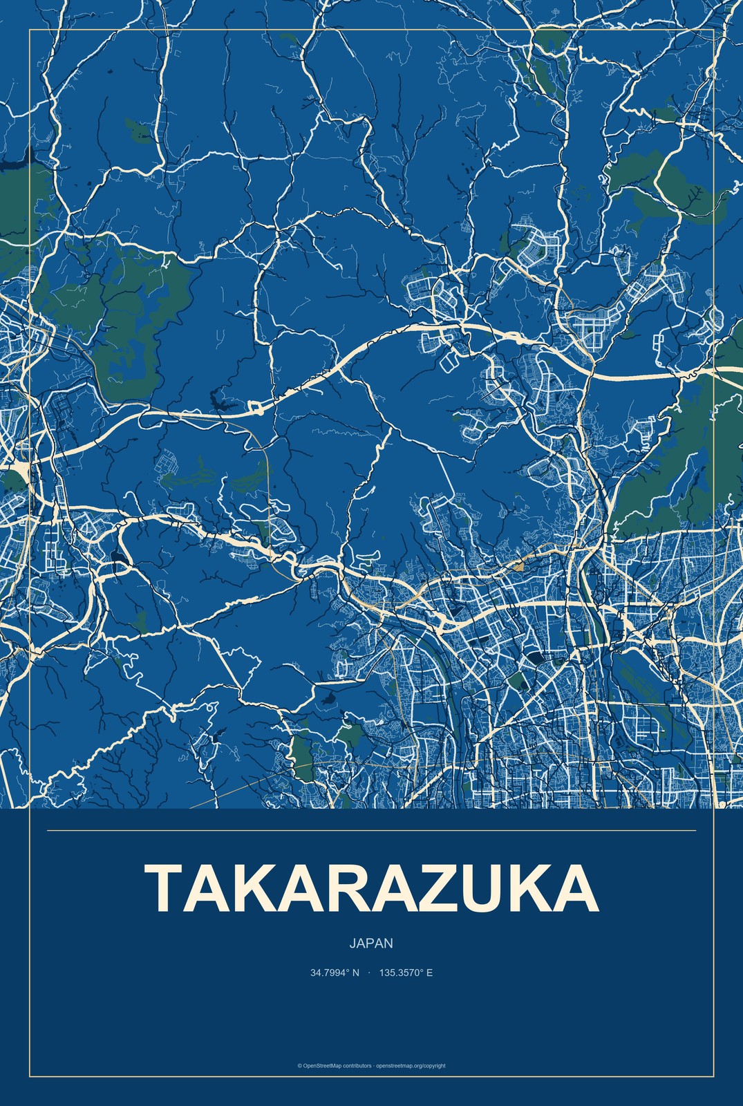 Takarazuka, Japan City Map Aluminum Sign in Harbor Cobalt style