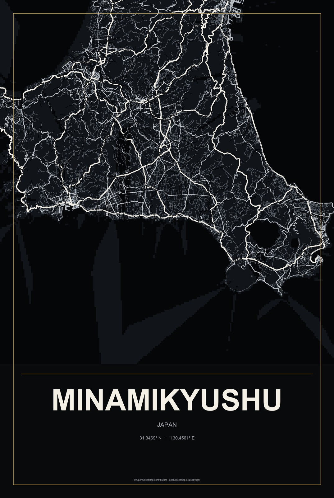 Minamikyushu, Japan City Map Aluminum Sign in Metropolitan Noir style