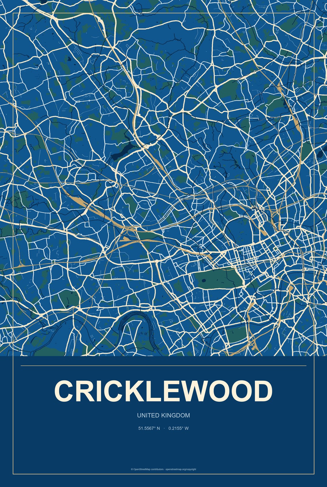 Cricklewood, United Kingdom City Map Aluminum Sign in Harbor Cobalt style
